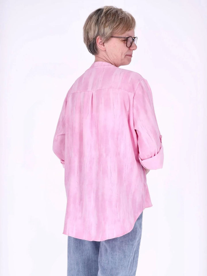 Pinkes Damen Blusenshirt mit Allover-Print, Krempelarm & Knopfleiste