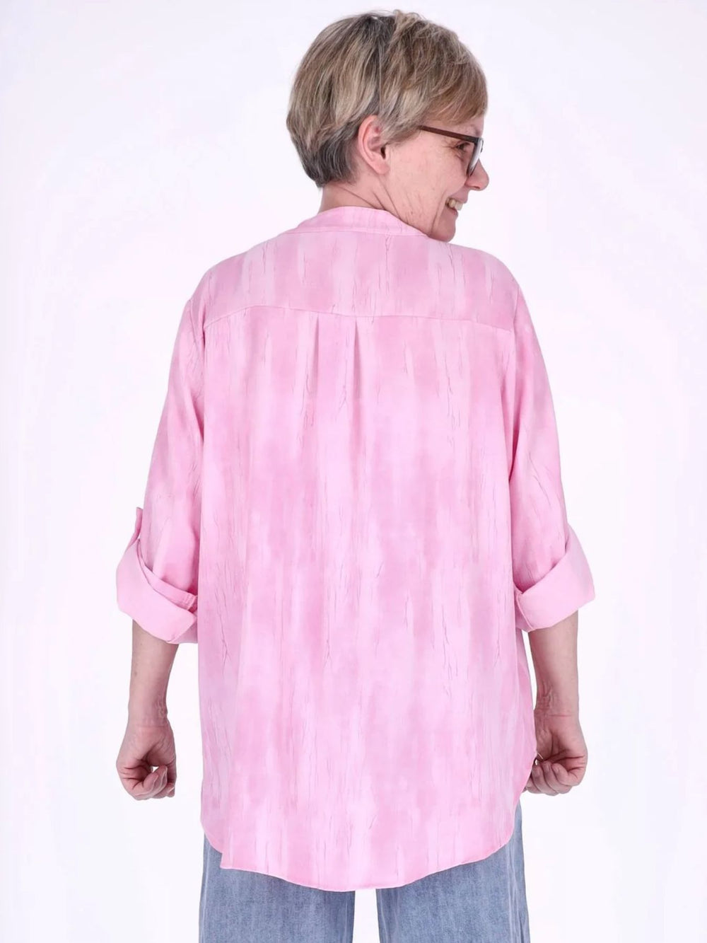 Pinkes Damen Blusenshirt mit Allover-Print, Krempelarm & Knopfleiste