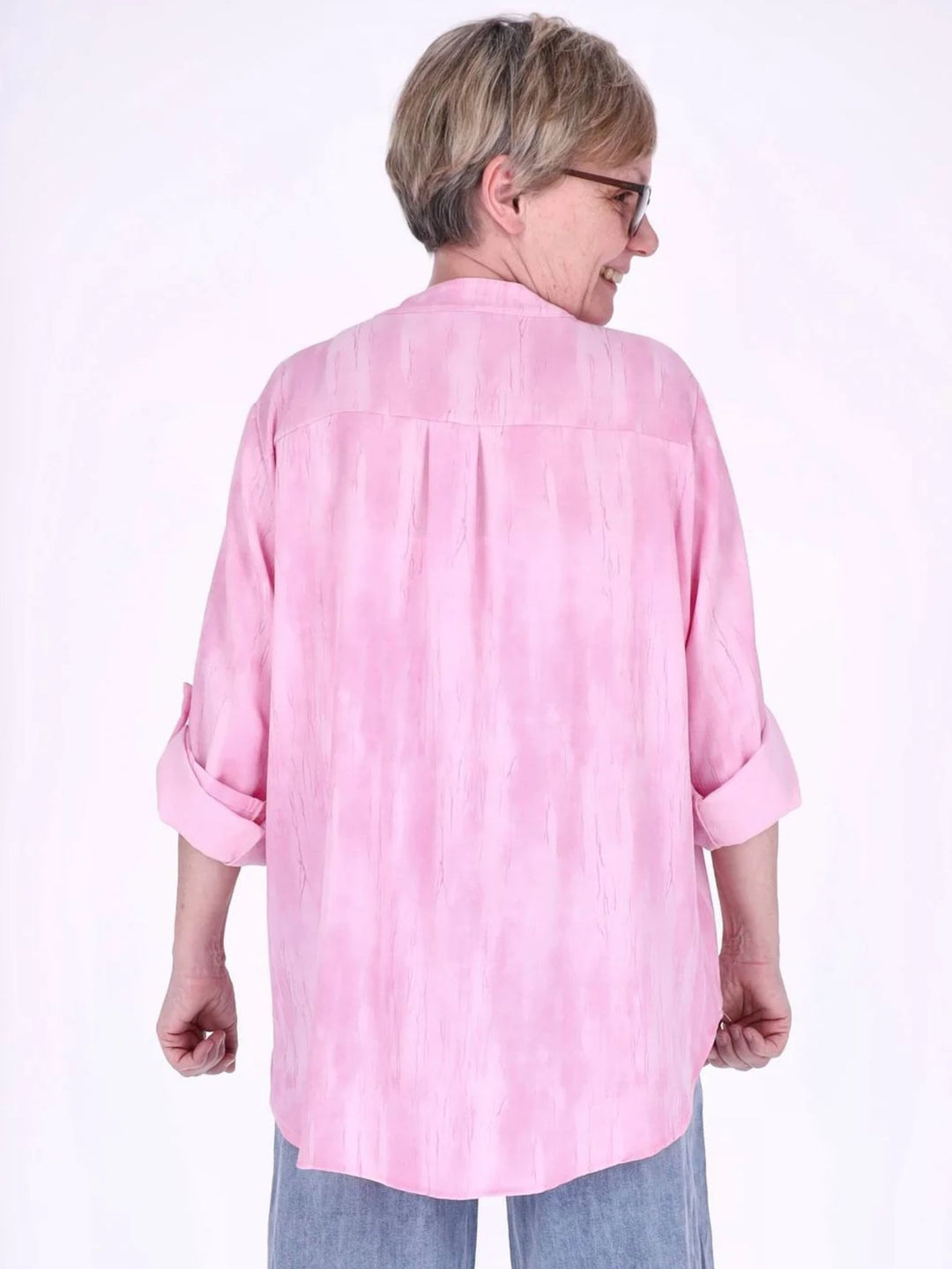 Pinkes Damen Blusenshirt mit Allover-Print, Krempelarm & Knopfleiste