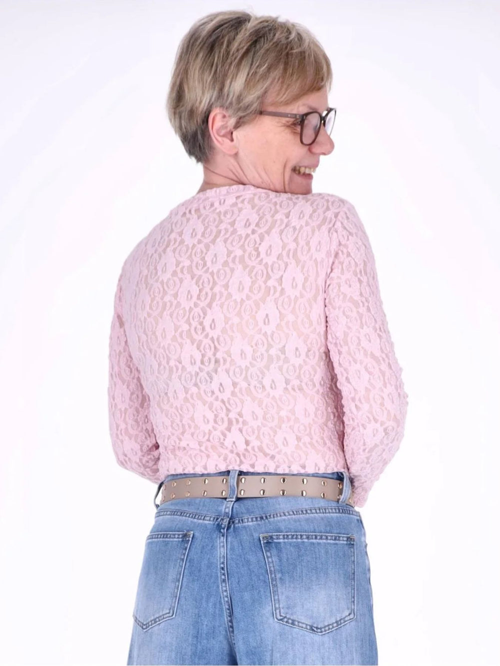 Pinkes Damen Langarmshirt aus Spitze – feminin & vielseitig