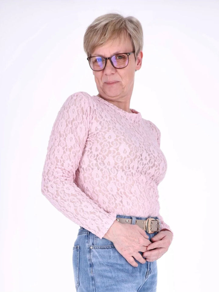 Pinkes Damen Langarmshirt aus Spitze – feminin & vielseitig