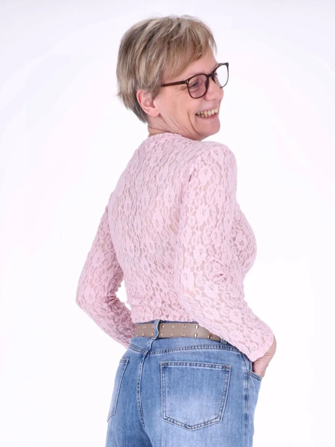 Pinkes Damen Langarmshirt aus Spitze – feminin & vielseitig