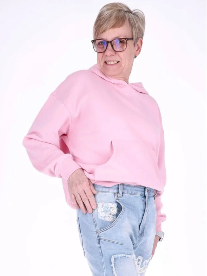 Pinker Damen Pullover mit Smiley „Happiness“ & Fronttasche
