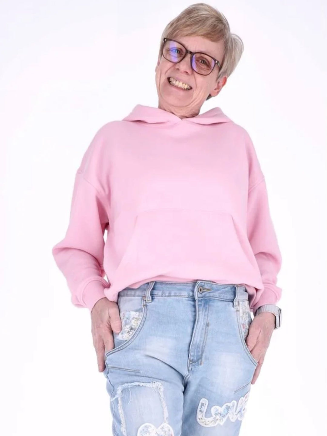 Pinker Damen Pullover mit Smiley „Happiness“ & Fronttasche