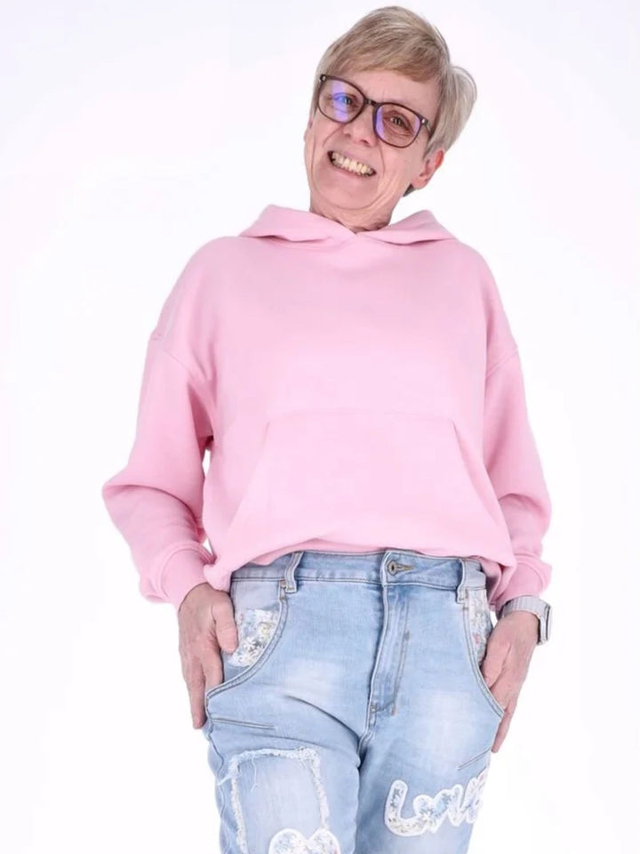 Pinker Damen Pullover mit Smiley „Happiness“ & Fronttasche