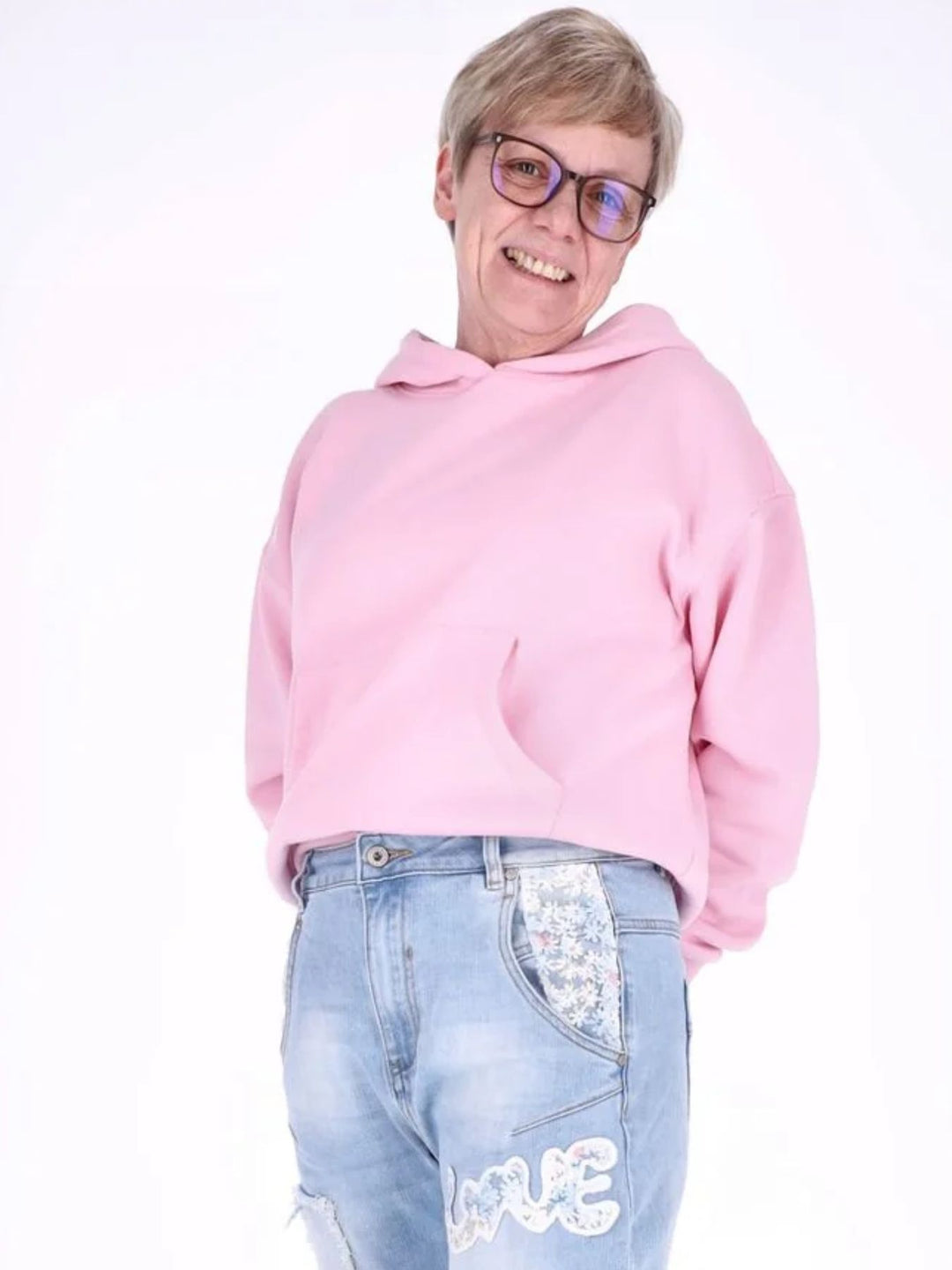 Pinker Damen Pullover mit Smiley „Happiness“ & Fronttasche