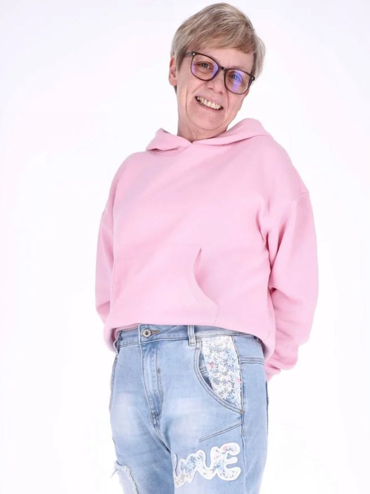 Pinker Damen Pullover mit Smiley „Happiness“ & Fronttasche