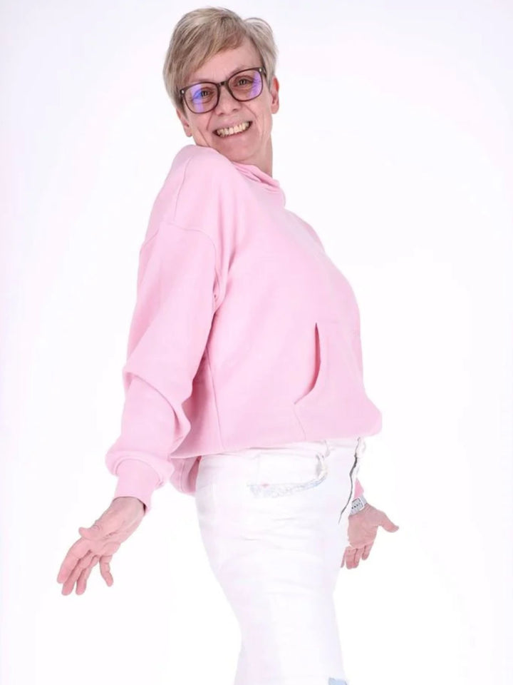 Pinker Damen Pullover mit Smiley „Happiness“ & Fronttasche