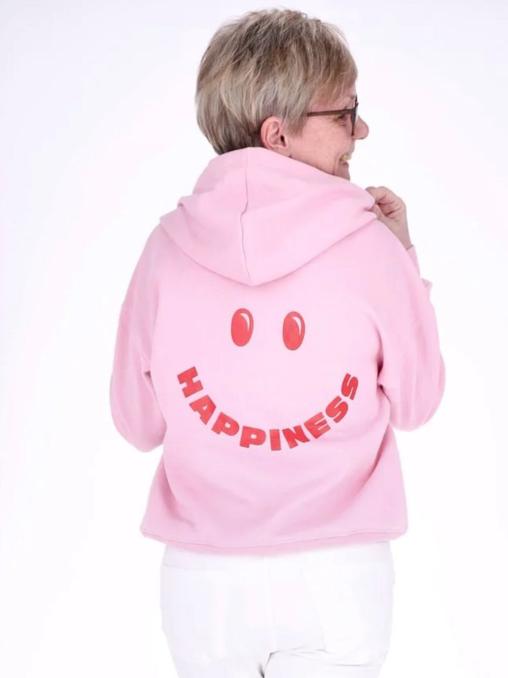 Pinker Damen Pullover mit Smiley „Happiness“ & Fronttasche