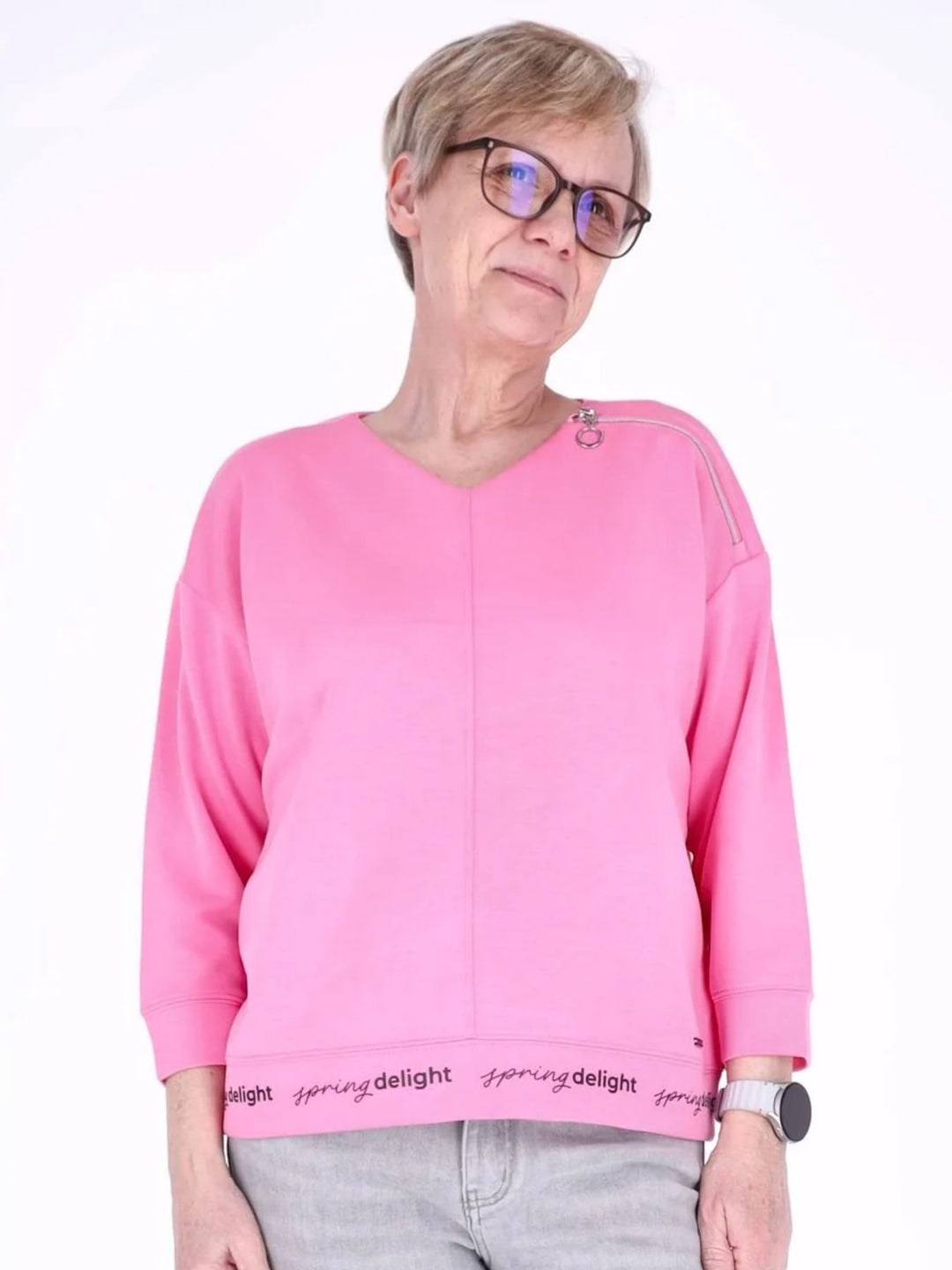 Pinkes Damen Leichtsweatshirt mit V-Ausschnitt & Reißverschluss-Detail