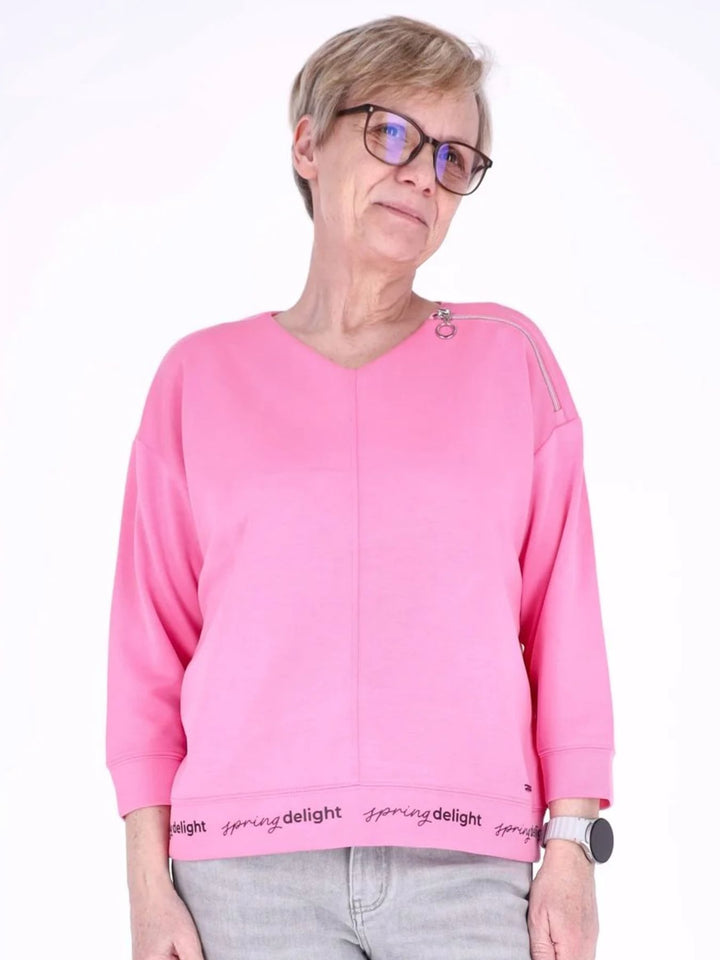 Pinkes Damen Leichtsweatshirt mit V-Ausschnitt & Reißverschluss-Detail