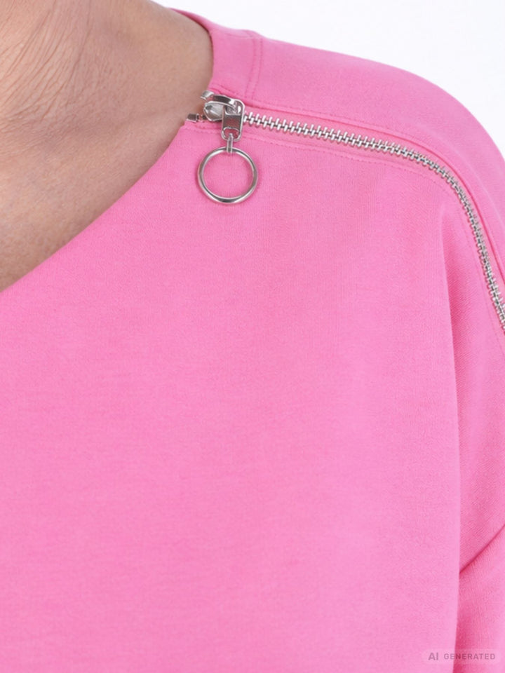 Pinkes Damen Leichtsweatshirt mit V-Ausschnitt & Reißverschluss-Detail
