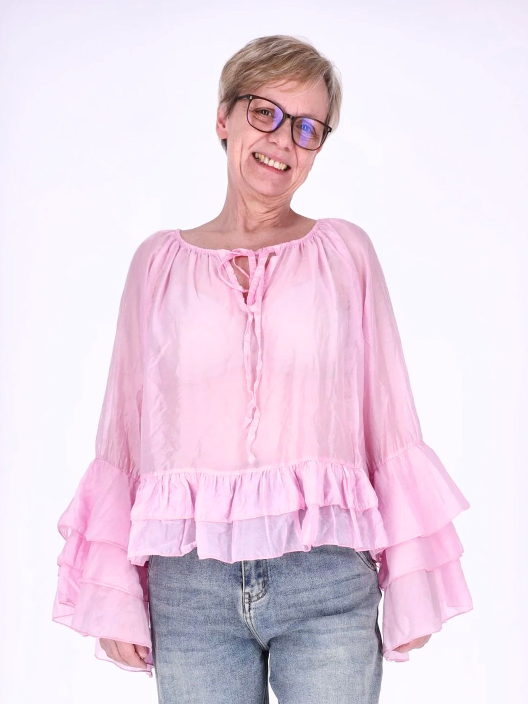 Pinke Damen Blusentunika mit Carmen-Ausschnitt & Trompetenärmeln