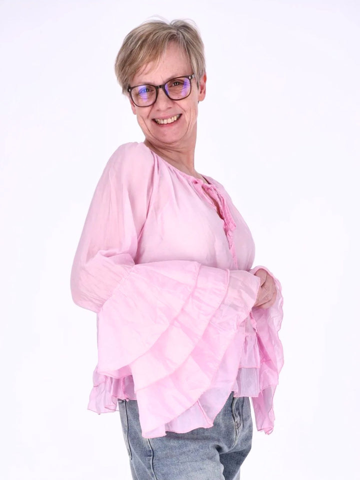 Pinke Damen Blusentunika mit Carmen-Ausschnitt & Trompetenärmeln