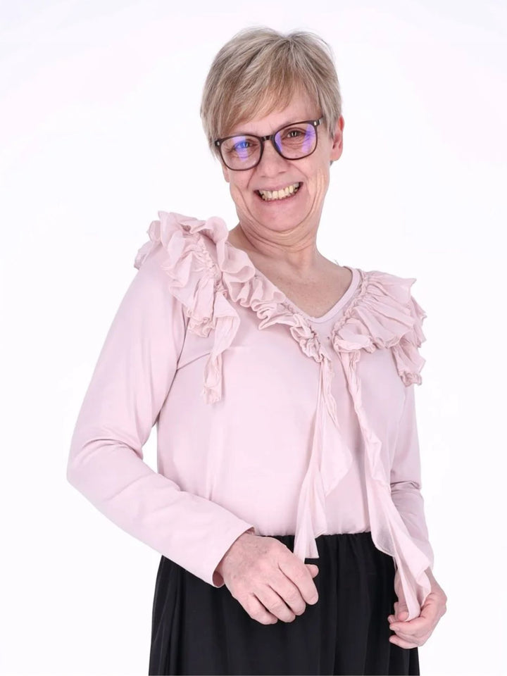 Pinkes Damen Langarmshirt mit Rüschen & V-Ausschnitt