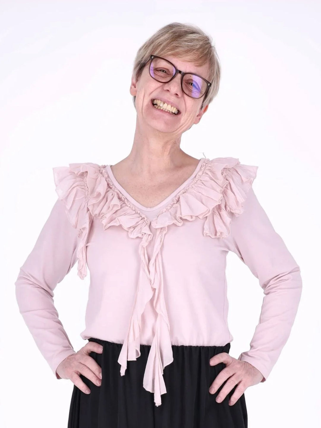 Pinkes Damen Langarmshirt mit Rüschen & V-Ausschnitt