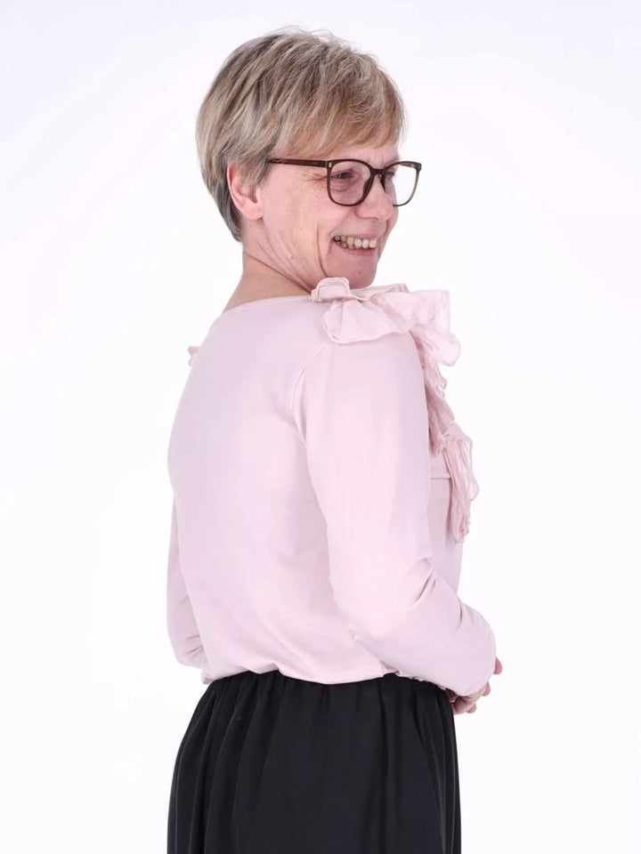 Pinkes Damen Langarmshirt mit Rüschen & V-Ausschnitt