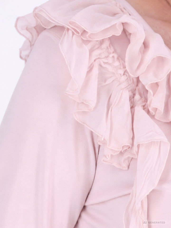 Pinkes Damen Langarmshirt mit Rüschen & V-Ausschnitt