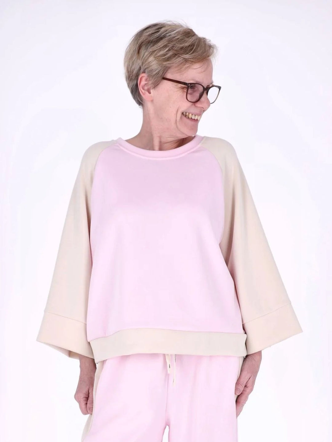Pinkes Damen Sweatshirt mit 3/4-Arm & Kontrastärmeln