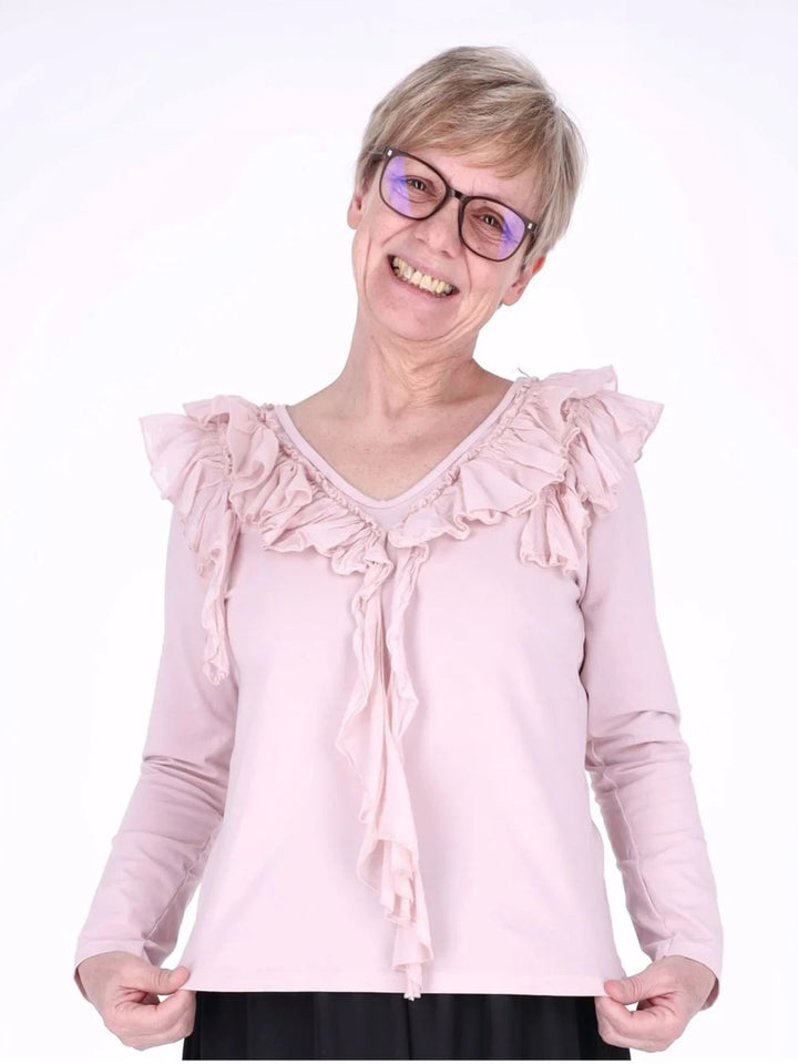 Pinkes Damen Langarmshirt mit Rüschen & V-Ausschnitt