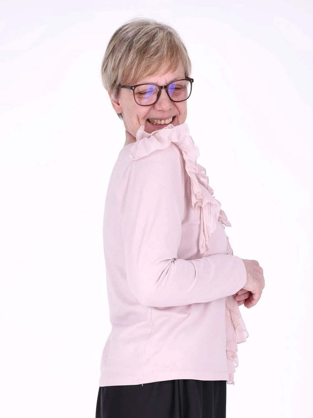 Pinkes Damen Langarmshirt mit Rüschen & V-Ausschnitt