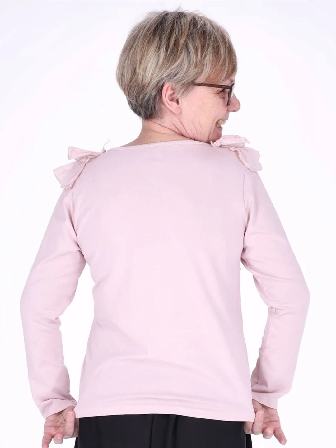 Pinkes Damen Langarmshirt mit Rüschen & V-Ausschnitt