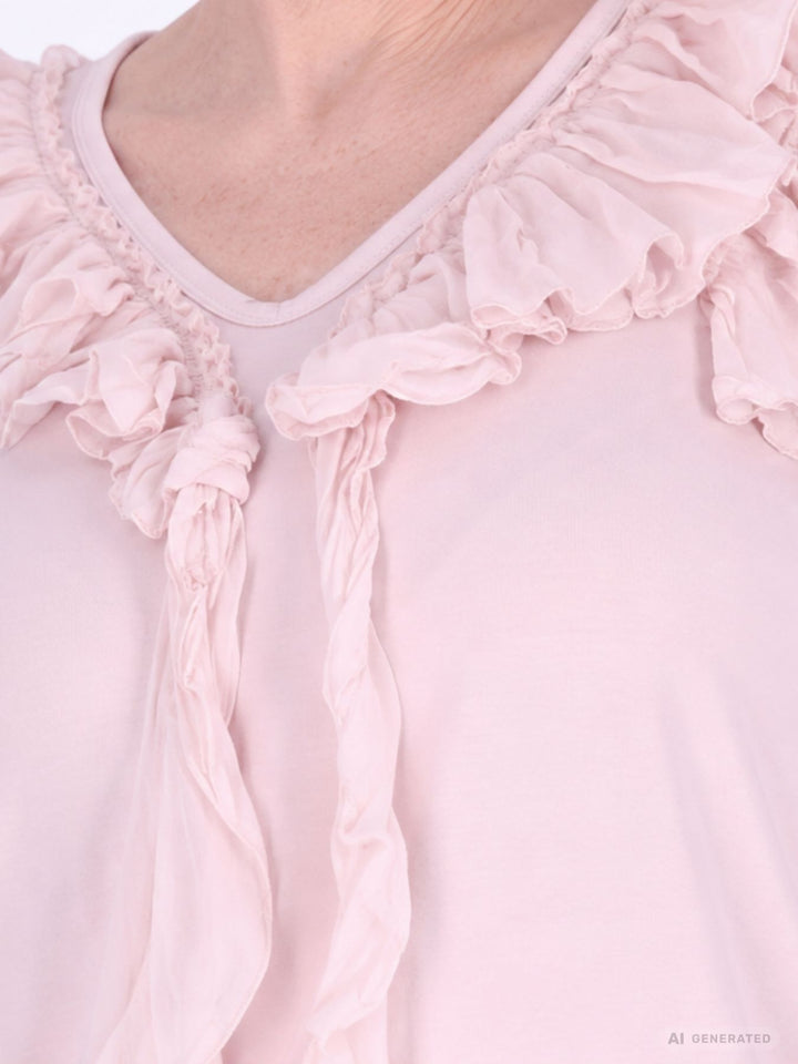 Pinkes Damen Langarmshirt mit Rüschen & V-Ausschnitt