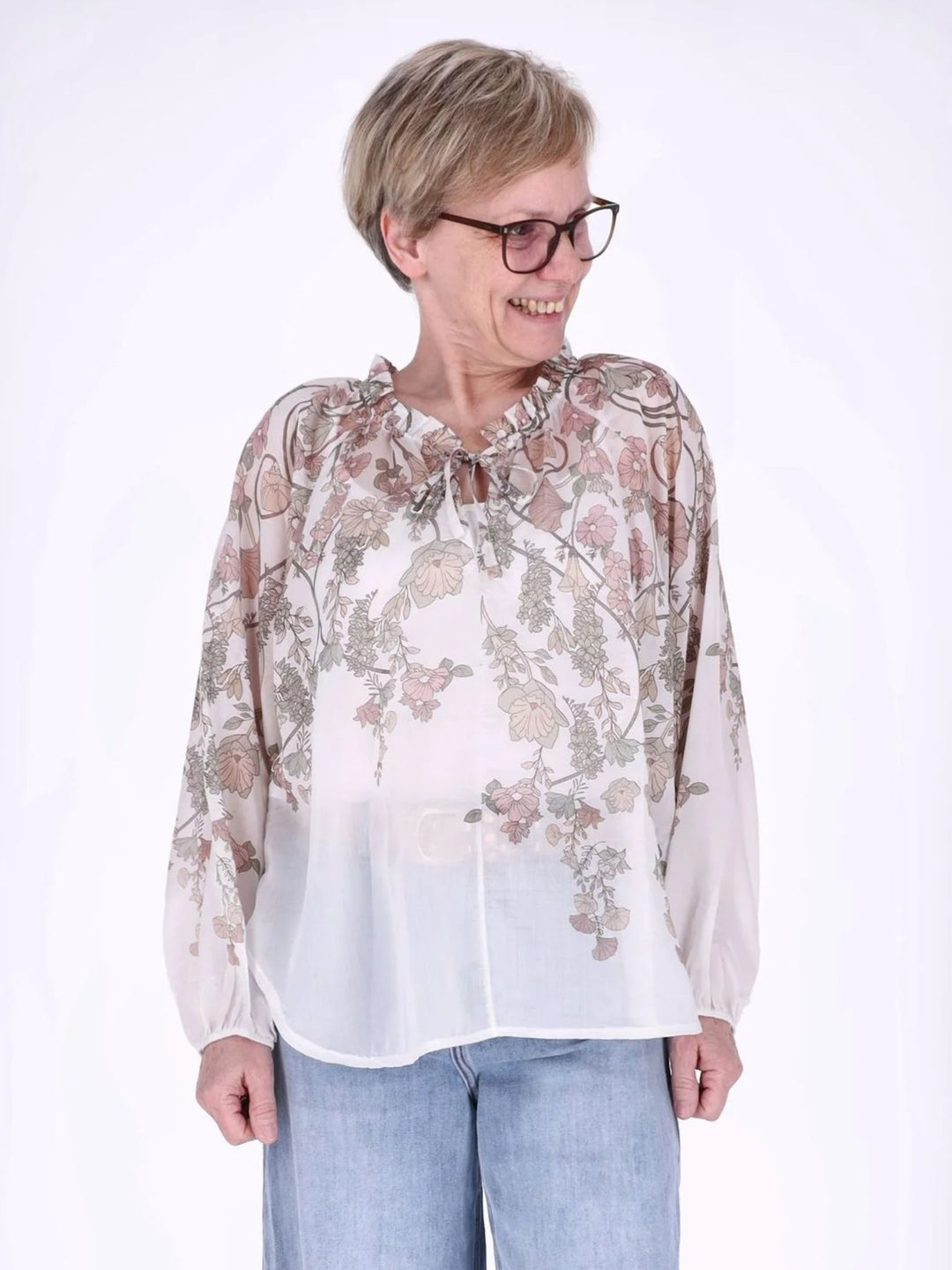 Beiges Carmen-Blusenshirt Damen mit floralem Allover-Print