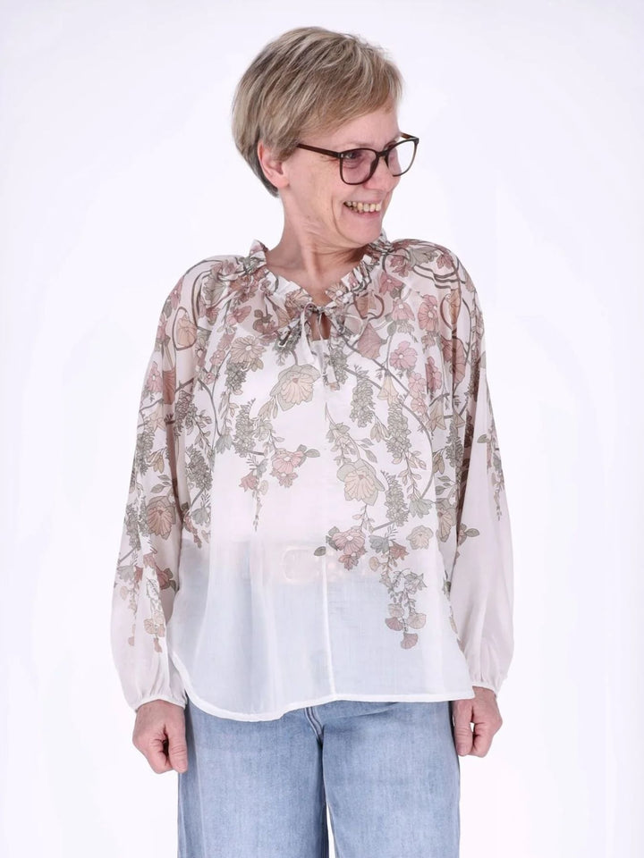 Beiges Carmen-Blusenshirt Damen mit floralem Allover-Print