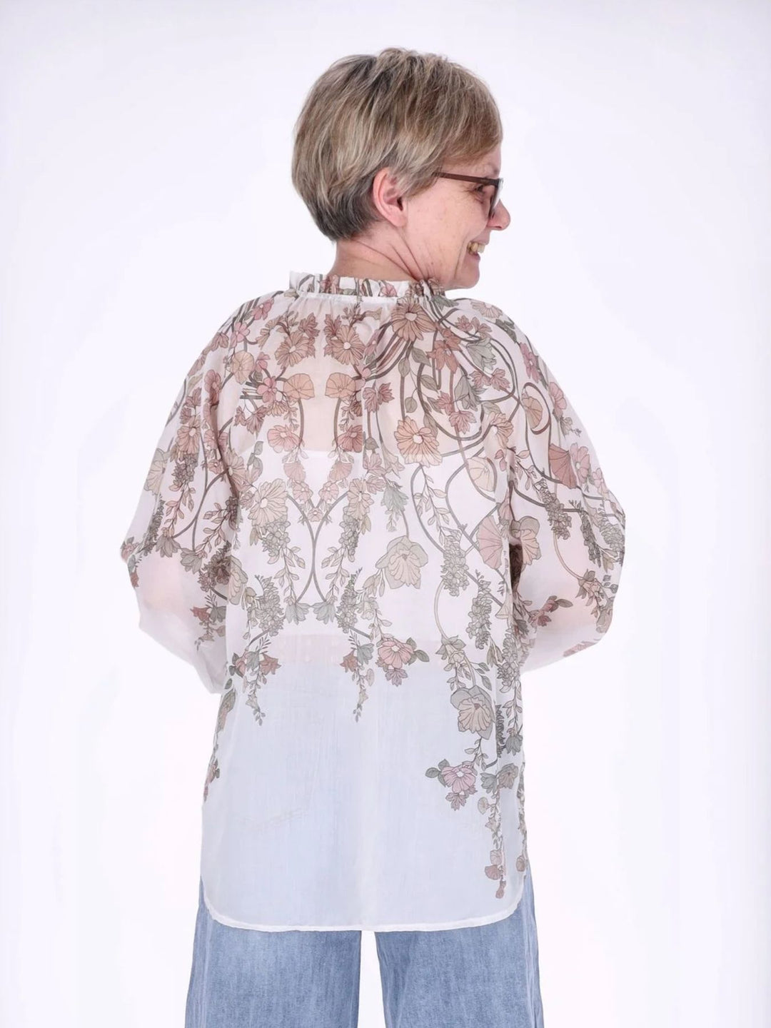 Beiges Carmen-Blusenshirt Damen mit floralem Allover-Print
