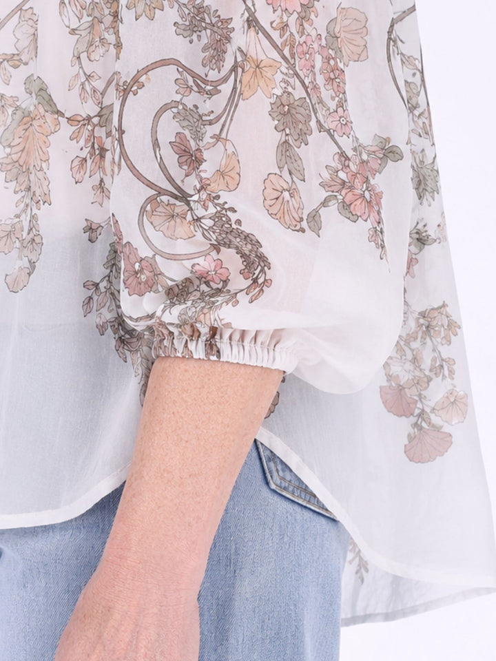Beiges Carmen-Blusenshirt Damen mit floralem Allover-Print