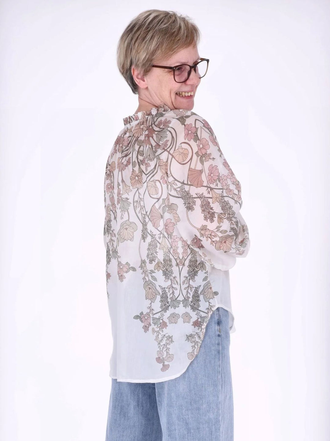Beiges Carmen-Blusenshirt Damen mit floralem Allover-Print