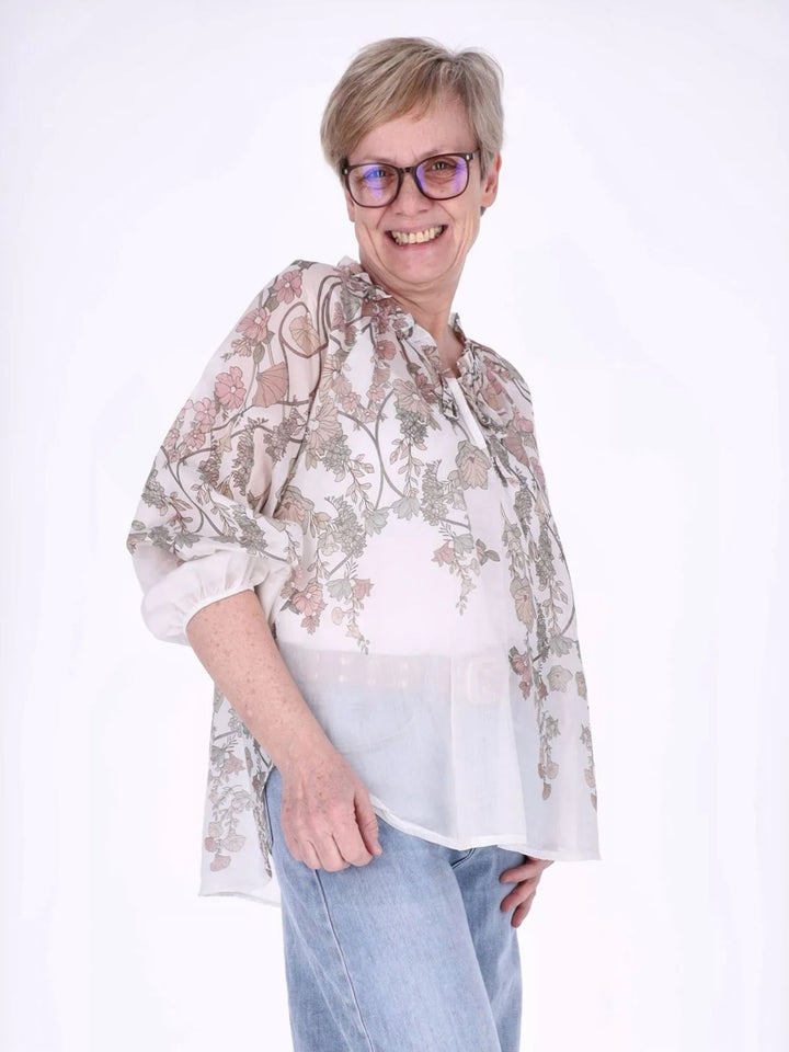 Beiges Carmen-Blusenshirt Damen mit floralem Allover-Print