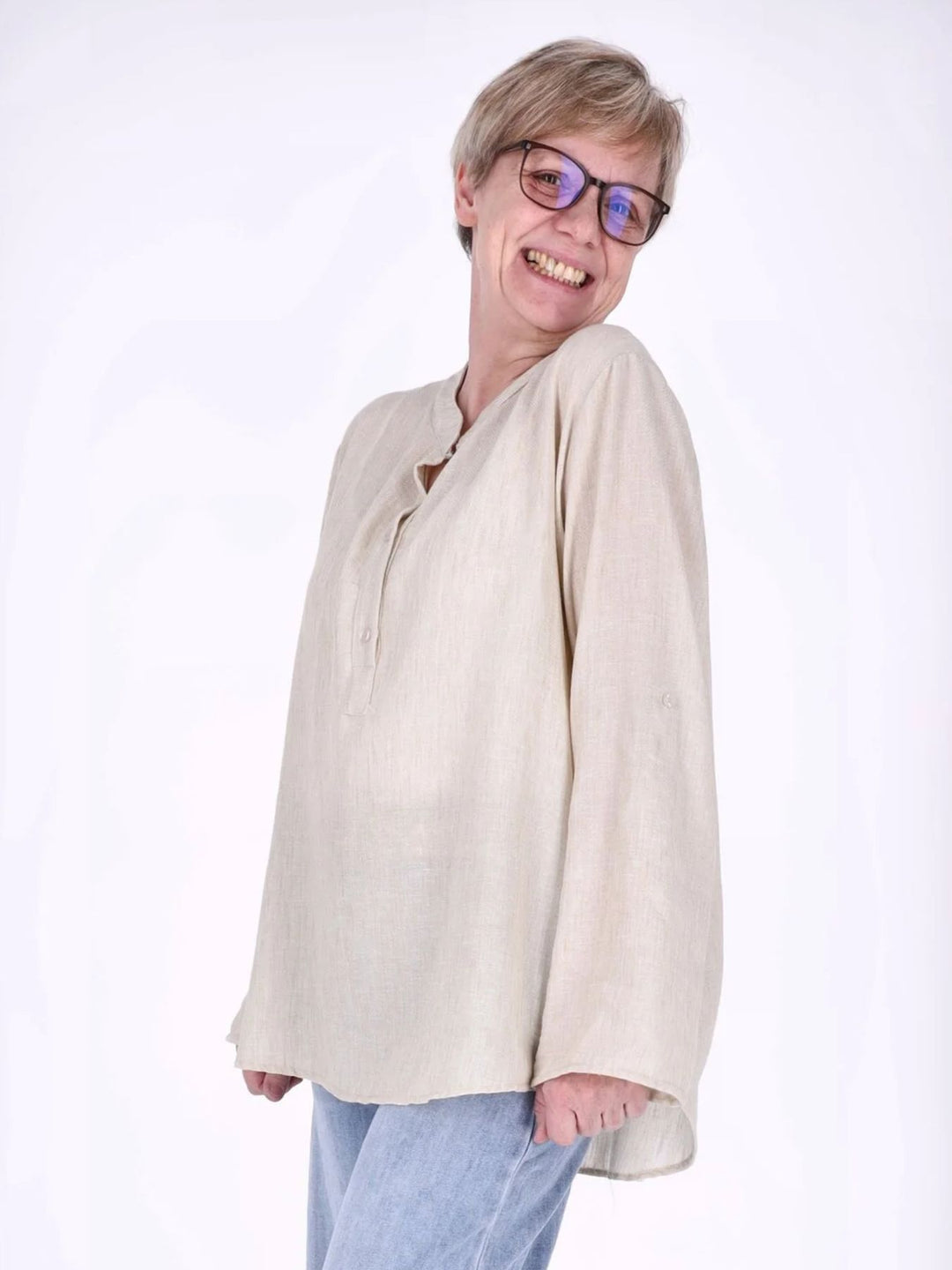 Beiges Damen Blusenshirt mit Struktur & Krempelarm
