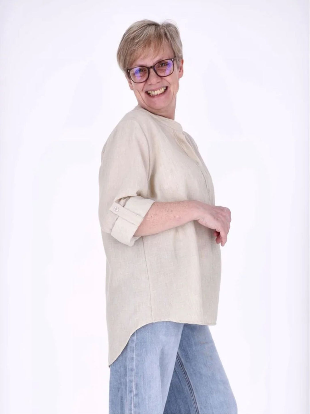 Beiges Damen Blusenshirt mit Struktur & Krempelarm