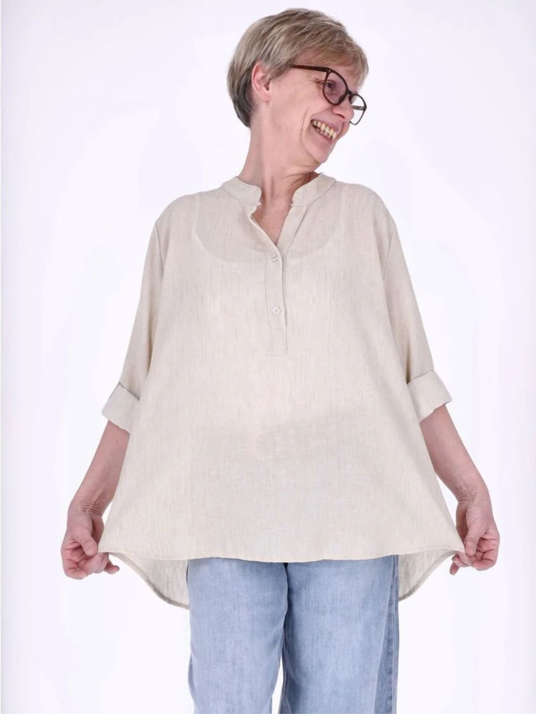 Beiges Damen Blusenshirt mit Struktur & Krempelarm