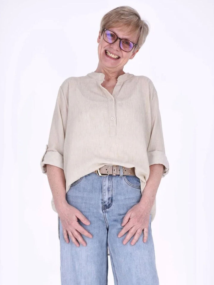 Beiges Damen Blusenshirt mit Struktur & Krempelarm