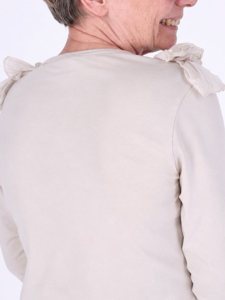 Beiges Damen Langarmshirt mit Rüschen & V-Ausschnitt