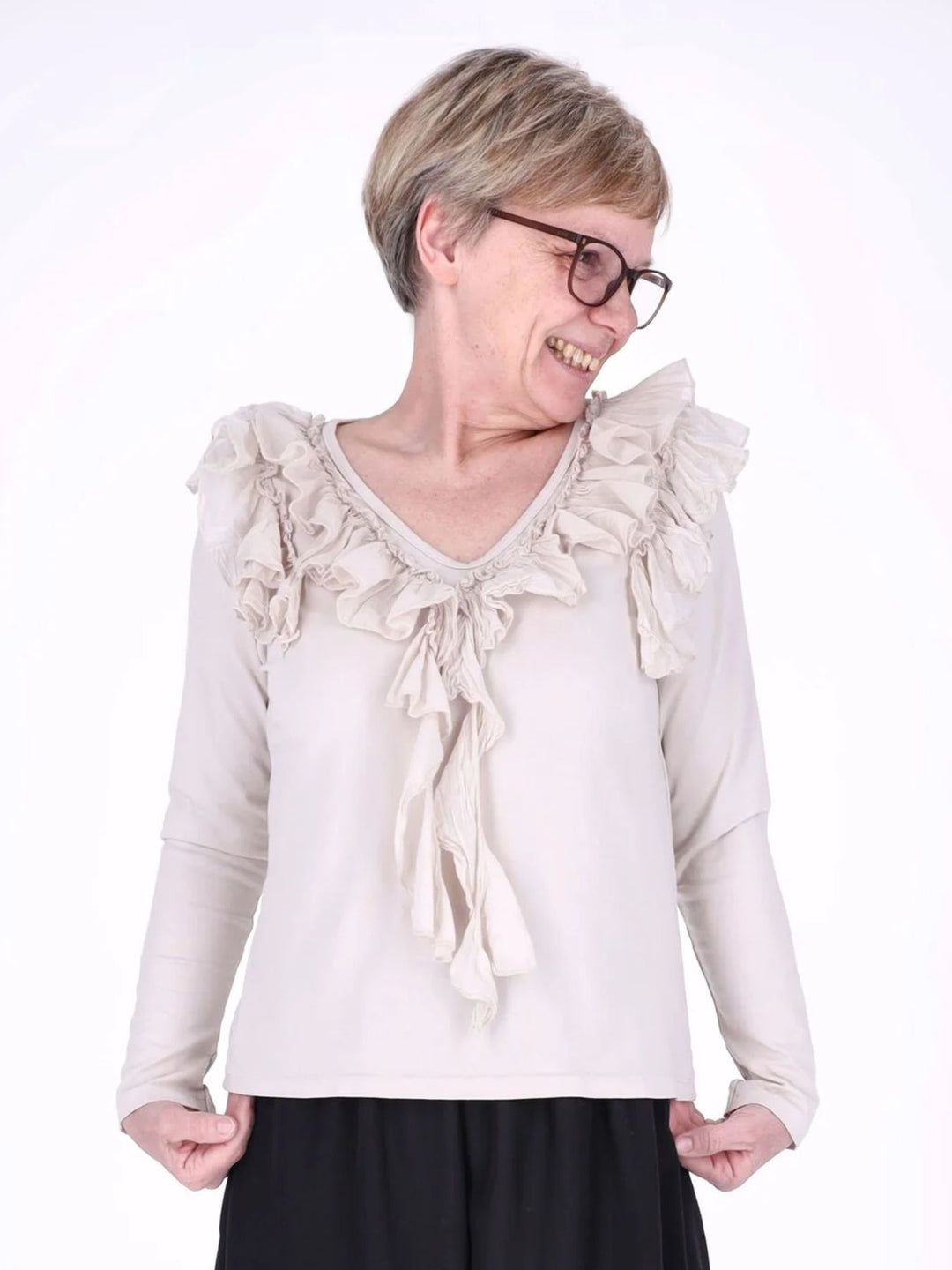 Beiges Damen Langarmshirt mit Rüschen & V-Ausschnitt
