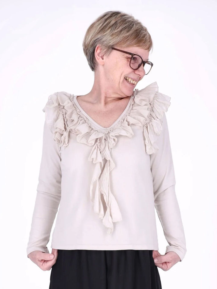 Beiges Damen Langarmshirt mit Rüschen & V-Ausschnitt