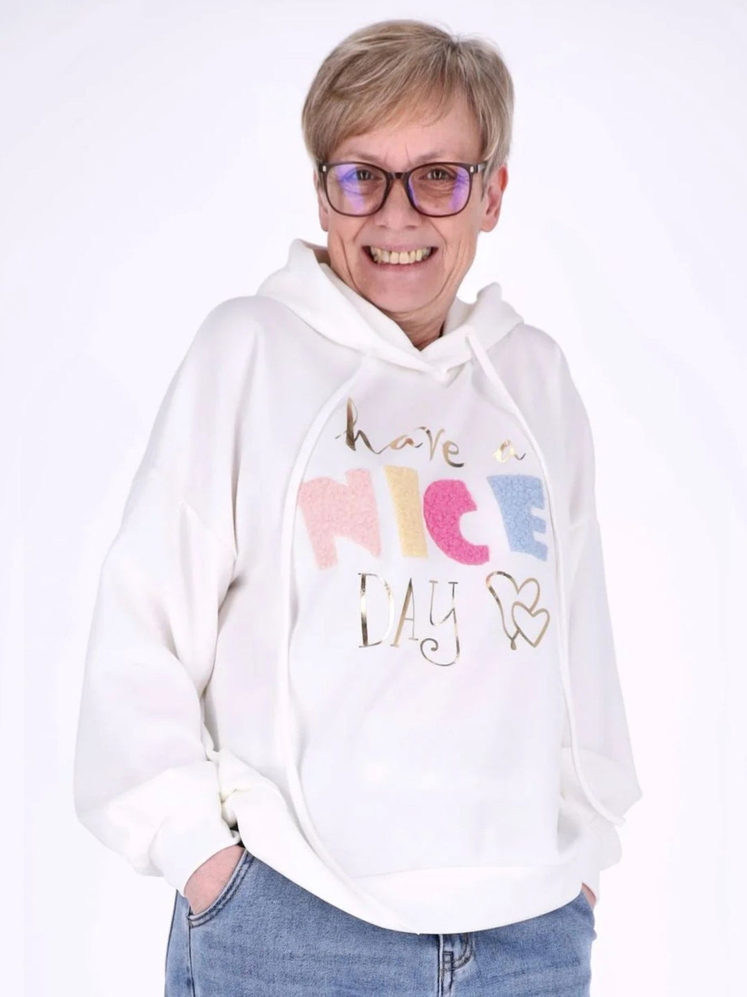 Weißer Damen Oversize Hoodie „have a NICE DAY“ mit Gold-Details