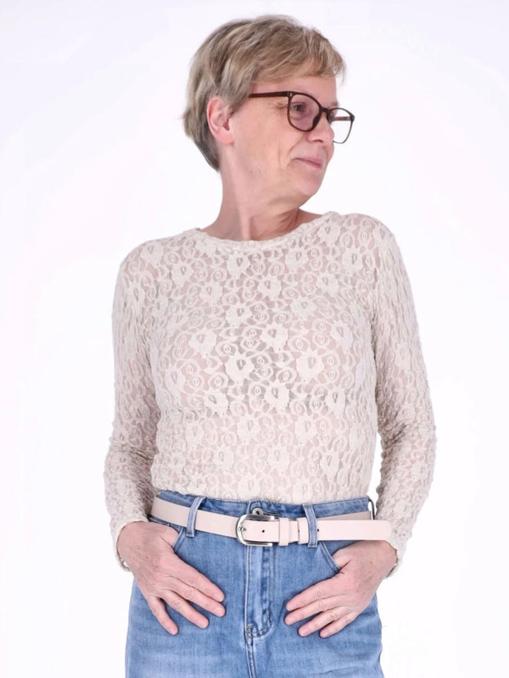 Beiges Damen Langarmshirt aus Spitze – feminin & vielseitig