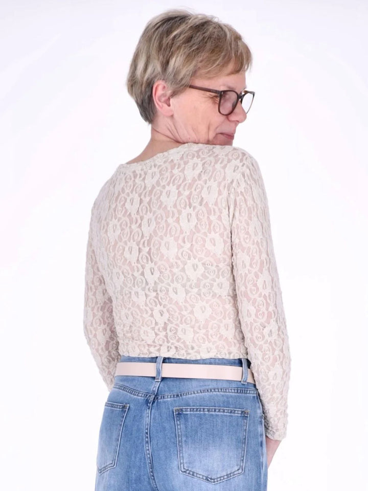 Beiges Damen Langarmshirt aus Spitze – feminin & vielseitig