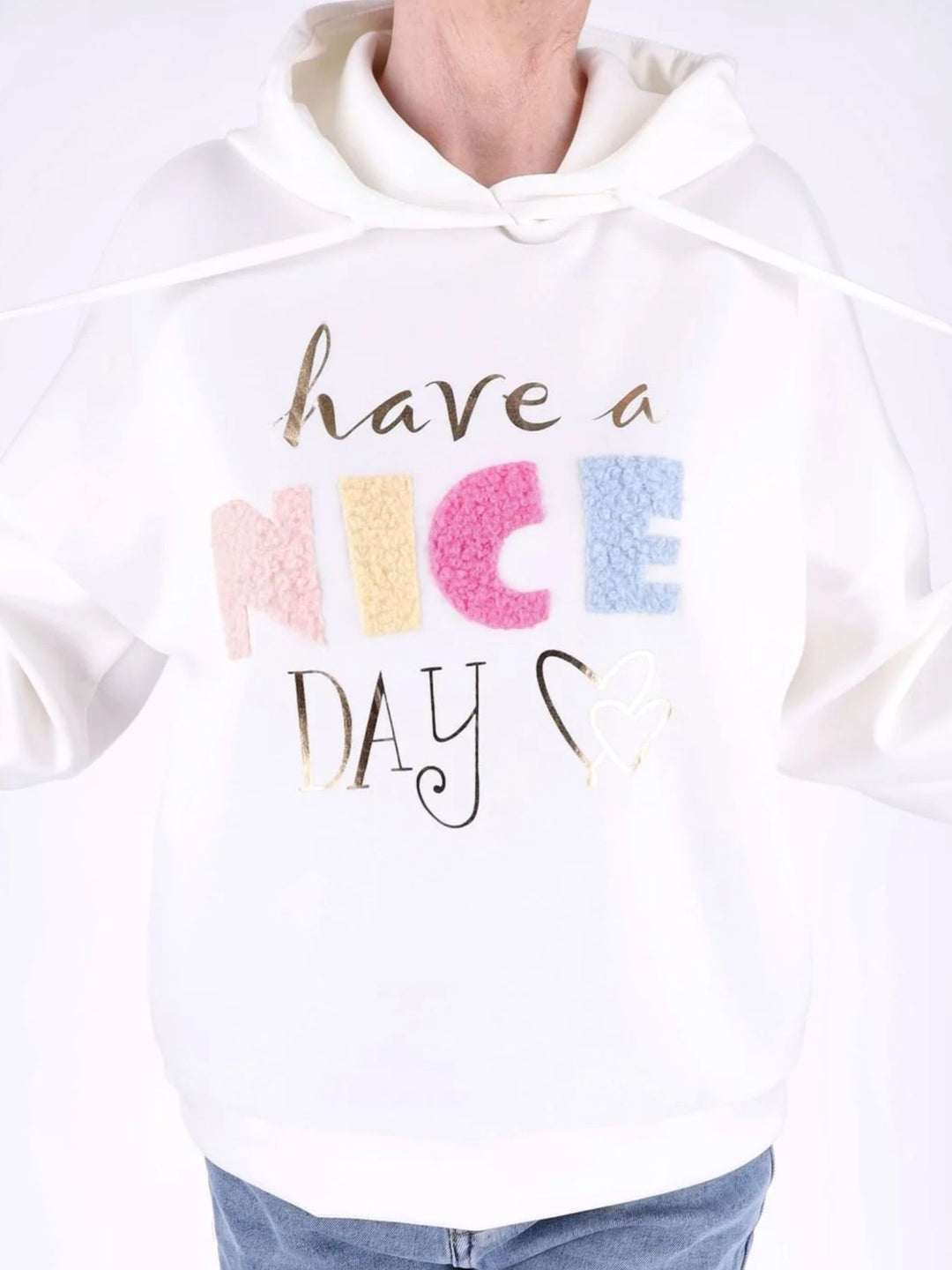 Weißer Damen Oversize Hoodie „have a NICE DAY“ mit Gold-Details