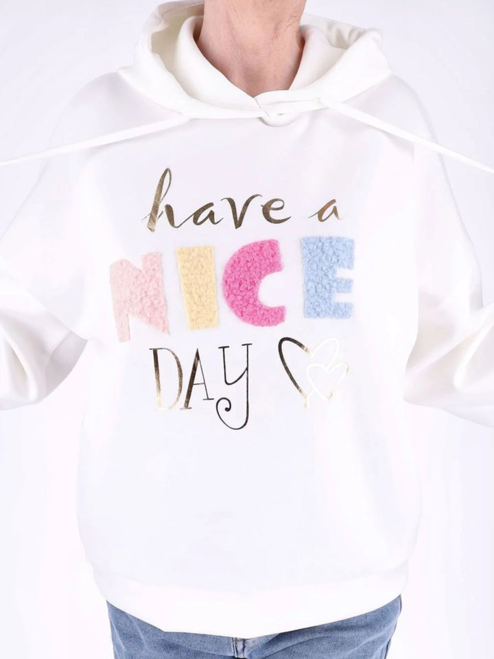Weißer Damen Oversize Hoodie „have a NICE DAY“ mit Gold-Details