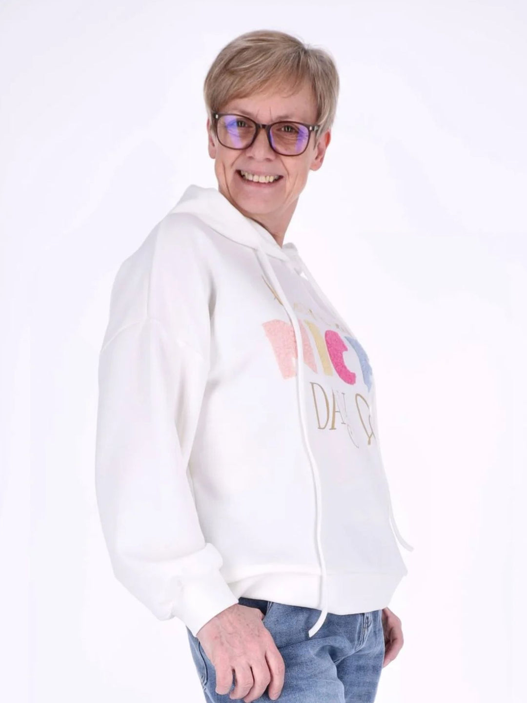 Weißer Damen Oversize Hoodie „have a NICE DAY“ mit Gold-Details