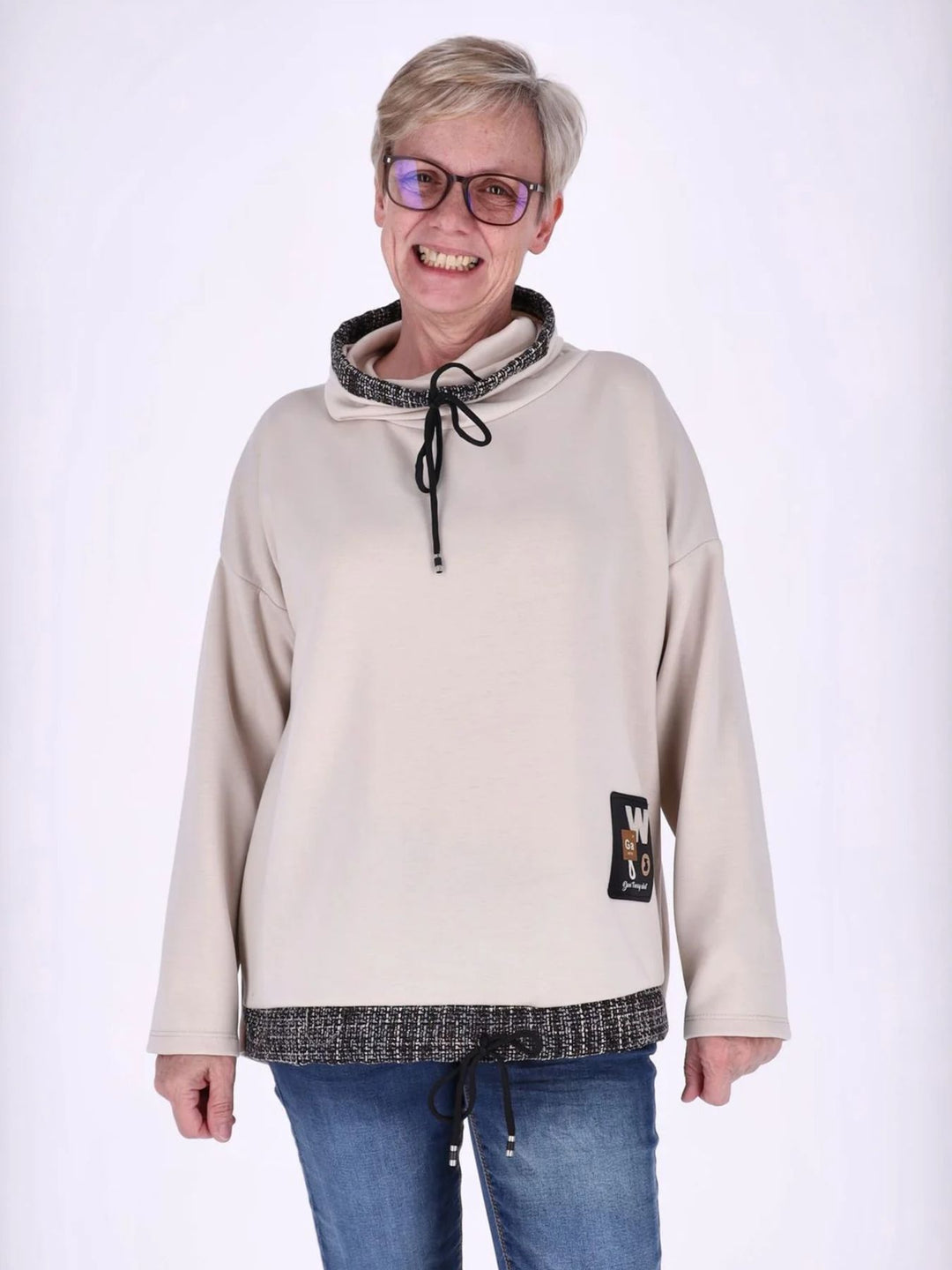 Beiges Damen Sweatshirt mit Stehkragen, Reißverschluss & Zugband