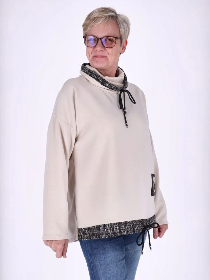 Beiges Damen Sweatshirt mit Stehkragen, Reißverschluss & Zugband
