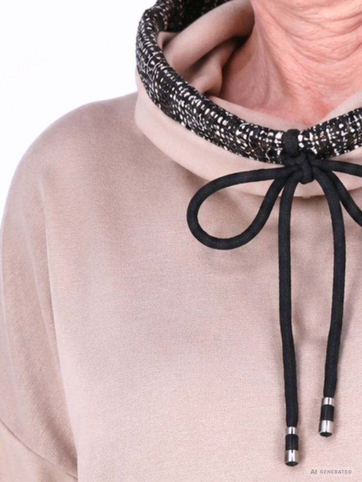 Beiges Damen Sweatshirt mit Stehkragen, Reißverschluss & Zugband