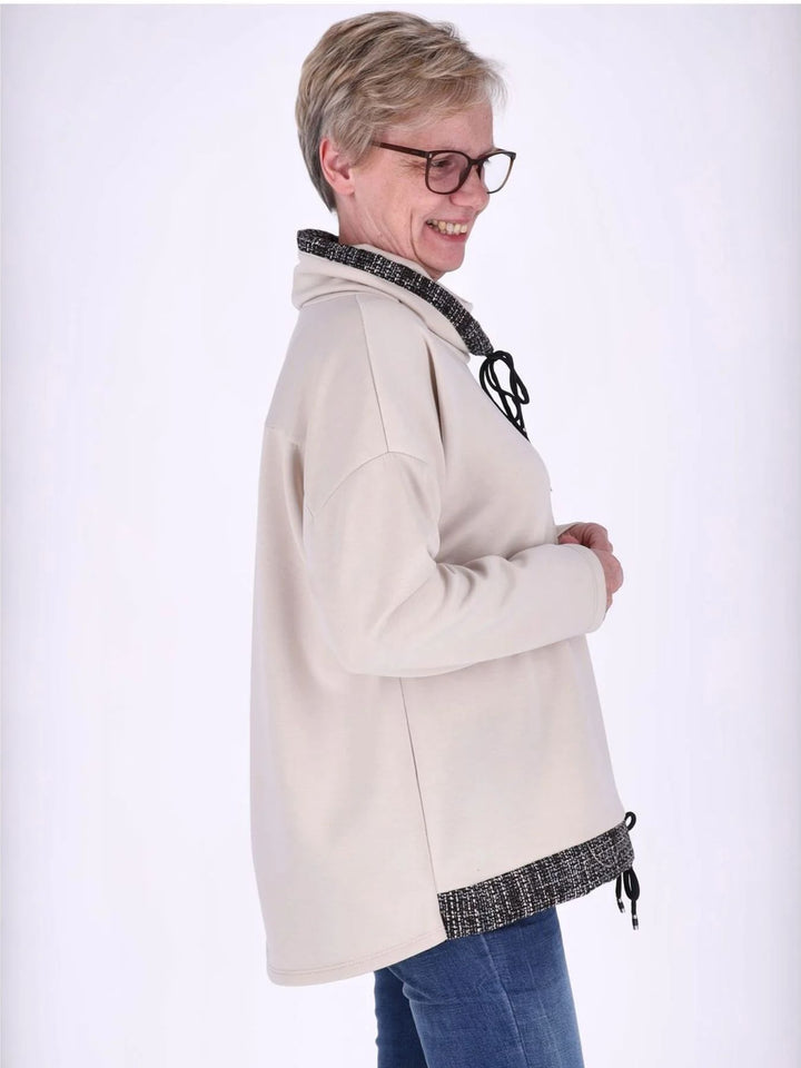 Beiges Damen Sweatshirt mit Stehkragen, Reißverschluss & Zugband